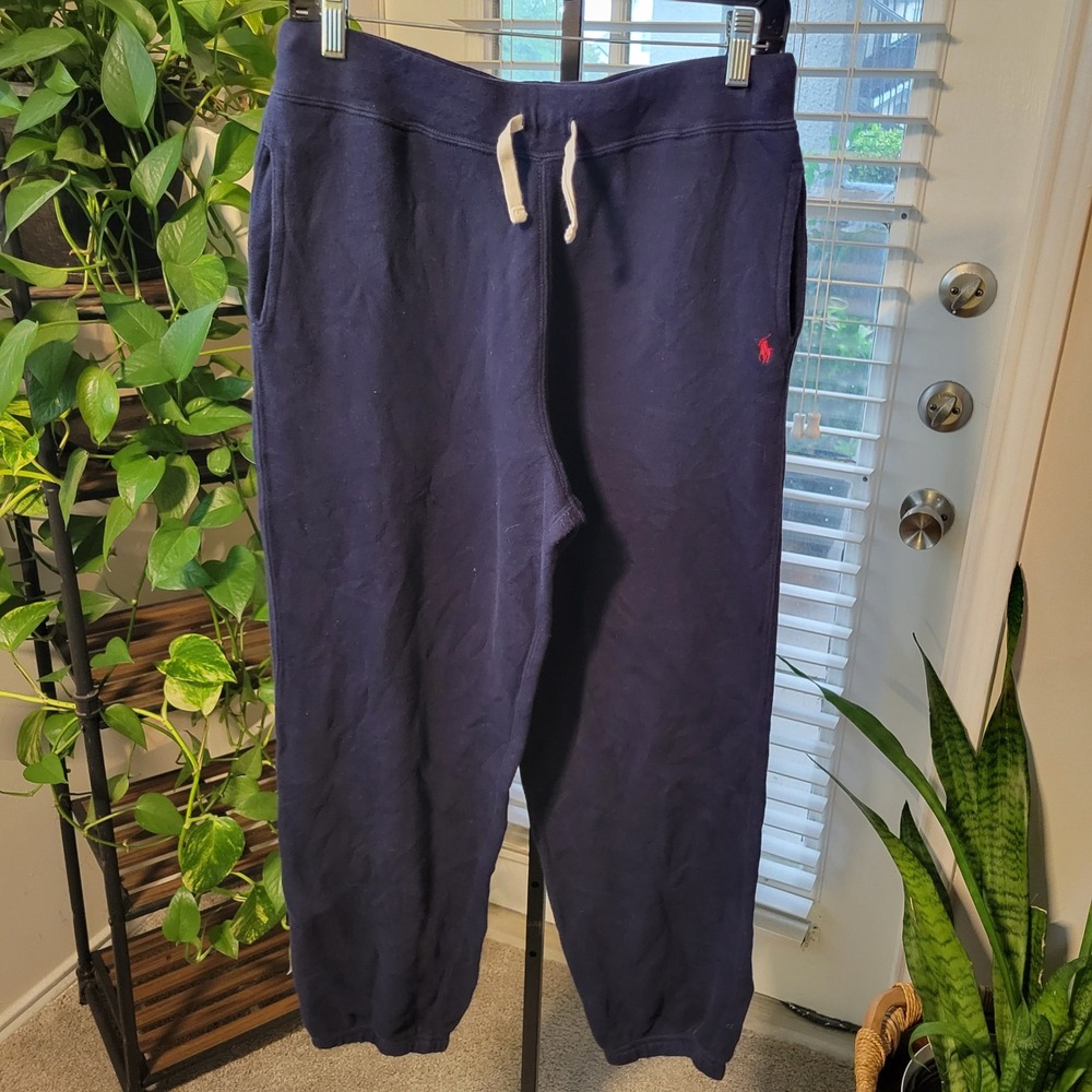 Polo Ralph Lauren Boys XL/Men Small Navy Blue Fleece Jogger Sweatpants Red Pony